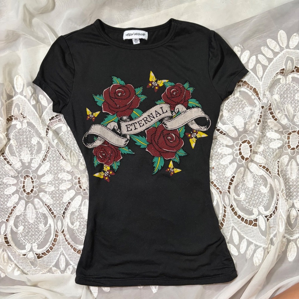 Y2K Grunge Eternal Rose Graphic Tee Black Rhinestone Butterfly Womens M